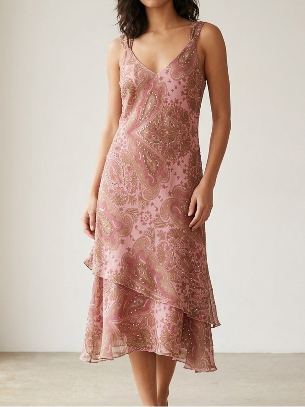 Jane Alexander Vintage Pink Paisley Print Beaded Slip Midi Dress Size XL